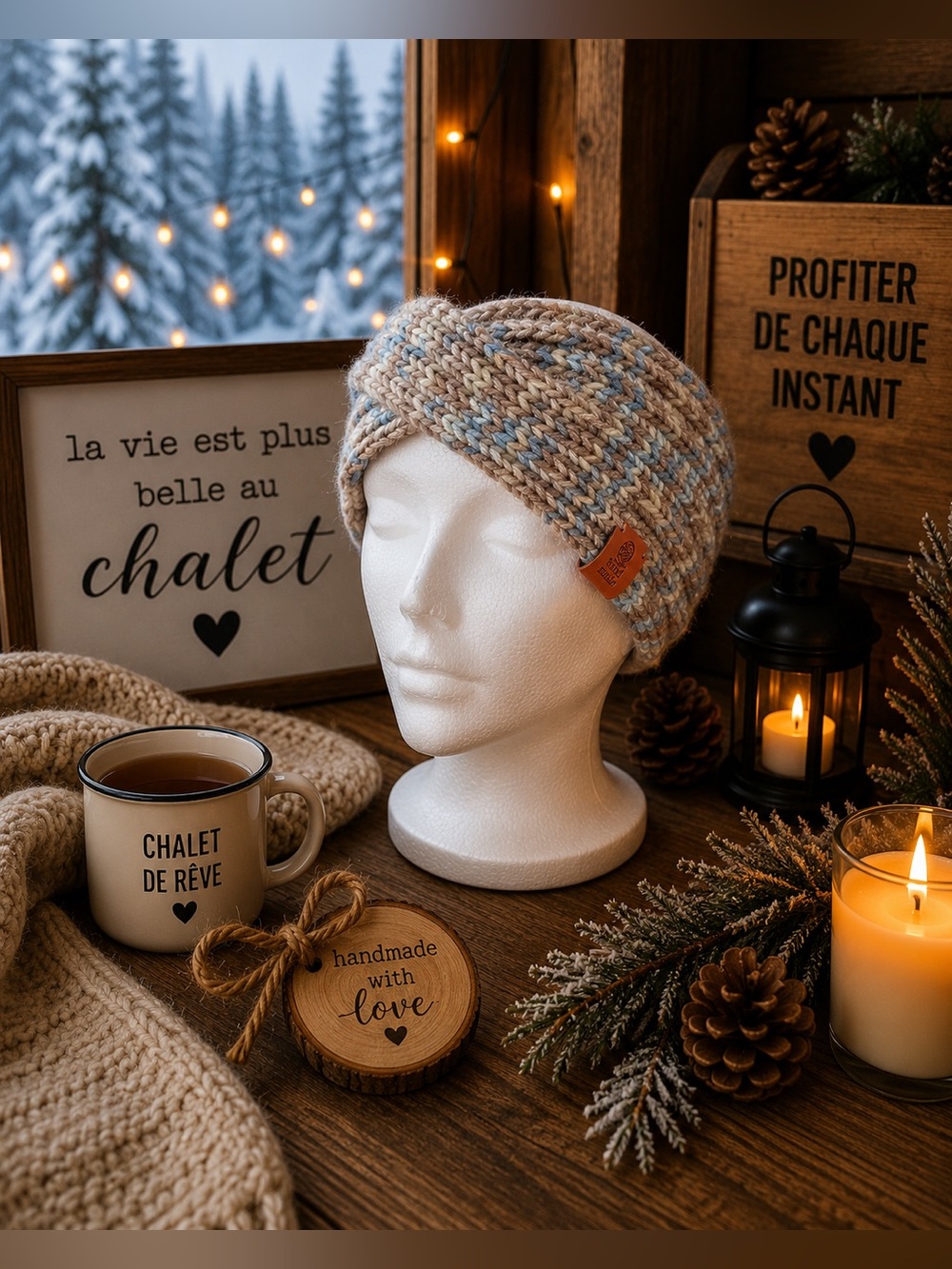 Knit Turban Headband - Cream, Light Blue & Tan